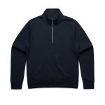 A navy half zip crew jumper featuring a zipper and long sleeves. The item has a plain design with a logo.
