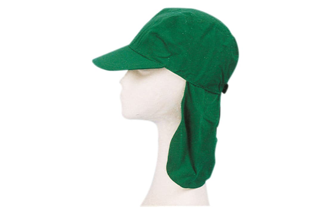 A green cotton twill legionnaire hat with a curved brim and a neck flap displayed on a mannequin head. A green cotton twill legionnaire hat with a curved brim and a neck flap displayed on a mannequin head.