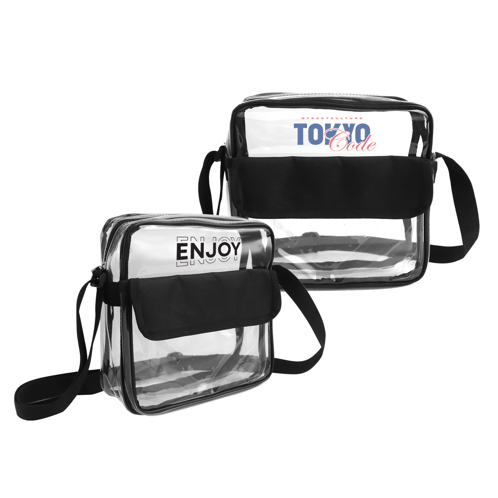 Clear shoulder crossbody bags in a rectangular shape, featuring a black strap and black accents. One bag displays a logo. Clear Shoulder Crossbody Bag - Image 1