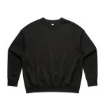 A black sweater with long sleeves and a crew neckline. It features a plain design and has a logo on the front.