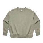 A light olive green jumper with a relaxed fit and long sleeves. It features a simple design and has a logo.
