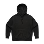 A black hoodie with a front pocket and a drawstring hood. Features a logo.