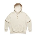 A cream-coloured hoodie featuring a front pocket and an attached hood, with a logo on the front.