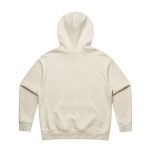 A beige hoodie with a hood and long sleeves, featuring a back view and a logo.
