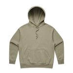 A green hoodie with a front pocket and a drawstring hood. The garment has a soft, casual design.
