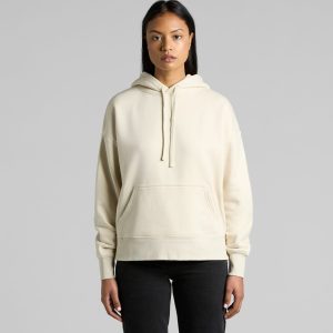 A cream-coloured hoodie with a front pocket and drawstring hood, featuring a logo.