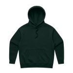 A dark green hoodie featuring a front pocket and a drawstring hood. It has a simple design and includes a logo.