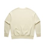 A plain cream-coloured jumper with a relaxed fit and ribbed cuffs. It has a branding logo on the back.