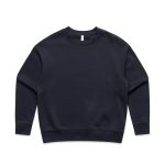 A navy blue fleece jumper with a round neckline and long sleeves. It features a blank design and has a branding logo.