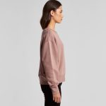 A crew jumper in a muted mauve colour, featuring a simple design and a logo on the side.