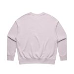 A light pink sweater with long sleeves and a relaxed fit. Features a branding logo on the back.