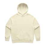 A cream-coloured hoodie featuring a front pocket and an attached hood, with a logo on it.