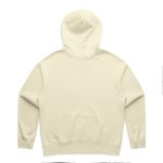 A cream-coloured hoodie with a full back view, featuring a hood and ribbed cuffs. It has a logo.