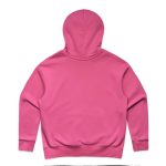A pink hoodie featuring a spacious hood and long sleeves, has a minimalist design with no visible logos.