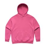 A pink hoodie with a front pocket and a hood. It features a logo on the design.