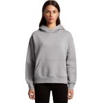 A grey hoodie with a front pocket and a hood, featuring a logo. Model wearing it has long hair.