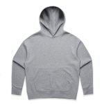 A grey hoodie with a spacious front pocket and a hood, featuring a logo on the front.