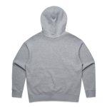 A grey hoodie featuring a back view with a kangaroo pocket and a hood. It has branding details.