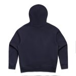 A navy blue hoodie featuring a hood and long sleeves, with a simple design and a logo present.