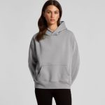 A grey hoodie featuring a front pocket and a hood, worn by a model standing straight, with a logo present.