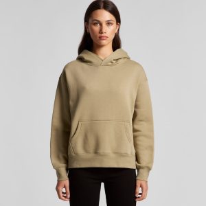 A hooded jumper in a muted olive green colour, featuring a front pocket and a relaxed fit.