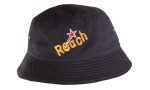 A black bucket hat with a stitched logo and yellow embroidery. Designed for children, featuring a classic twill fabric.