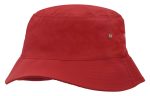 A red brushed sports twill bucket hat with a rounded top and wide brim, featuring small brass eyelets.