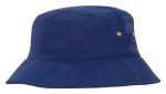 A navy blue brushed sports twill bucket hat featuring a logo and brass eyelets for ventilation.