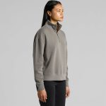 A relaxed, faded half-zip jacket in grey, featuring a collar and long sleeves. It has a logo on the garment.