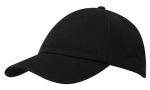 A black cap with a curved brim and a solid crown, featuring a logo on the front.