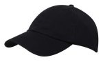 A black cap with a rounded peak and a sleek design, featuring a branding logo.