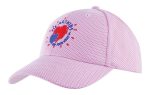 A pink mesh covered cotton twill cap with an embroidered logo on the front.