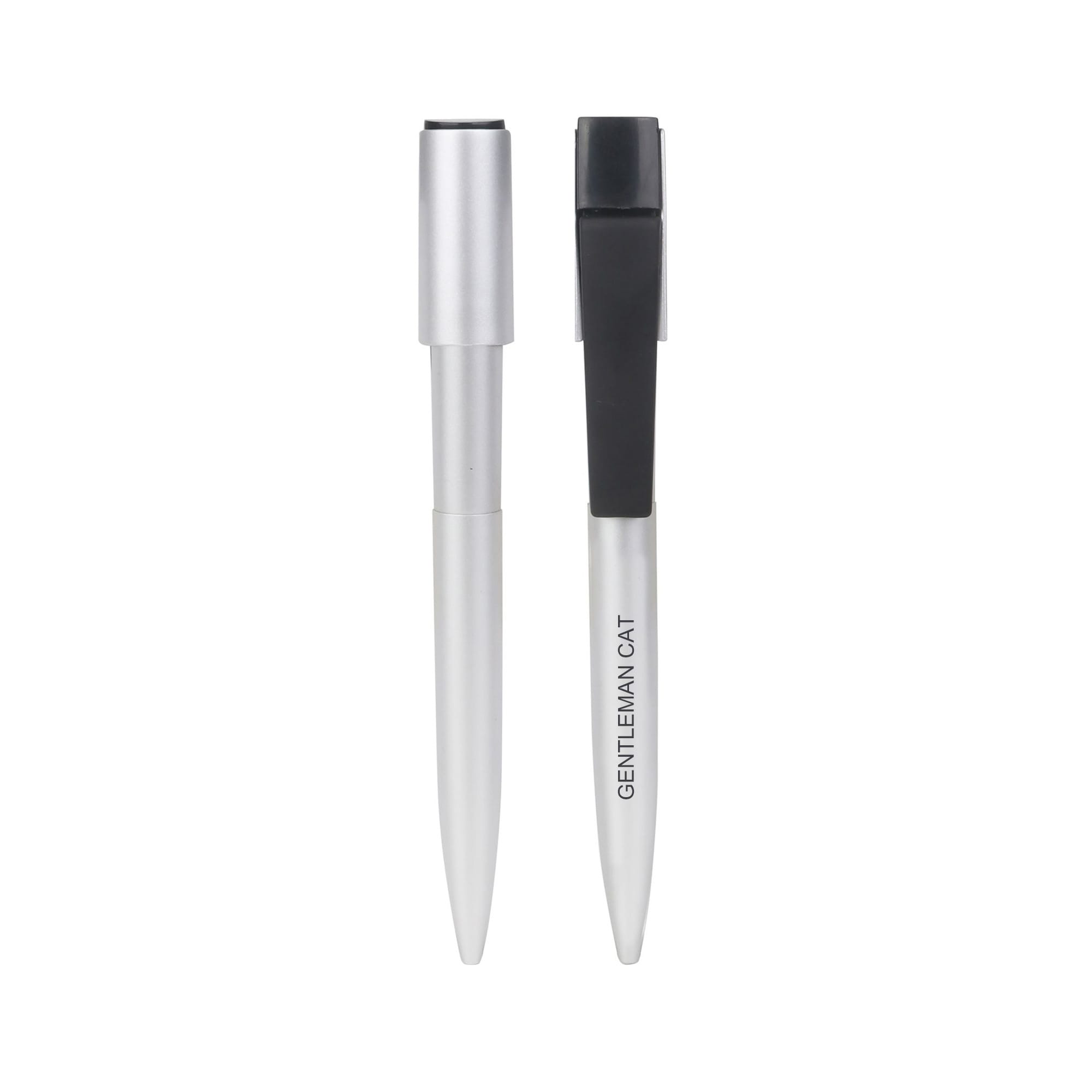 A click USB memory pen in silver and black, featuring a sleek design and a logo on the barrel. Click USB Memory Pen - Image 1