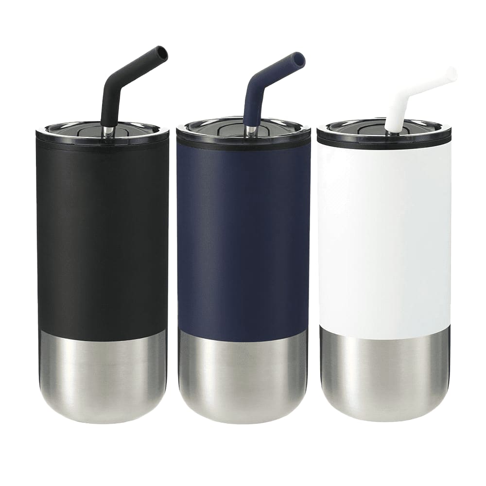 A drink bottle set featuring three tumblers in black, navy blue, and white with stainless steel bottoms and straws. Lagom 470ml Tumbler w/ SS Straw - Image 1
