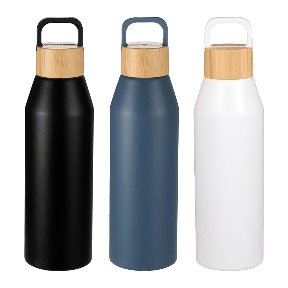 A drink bottle collection featuring black, navy, and white options, each with a bamboo lid and a logo. Aspen Recycled Bottle with Bamboo Lid - 1L - Image 1