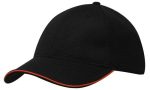 A black cap with a textured finish and an orange trim around the brim, featuring a branding logo.