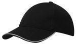 A black cap with a rounded crown and a contrasting white trim along the brim. It features a logo on the front.