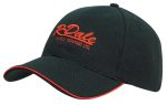 A black cap with a red embroidered logo and red trim on the brim.