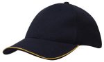 A navy cap with a contrasting yellow trim and a structured design. It features a logo on the front.