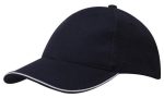 A navy cap with a textured finish and a contrasting white trim around the brim. The cap features a logo.