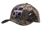 A camouflage 6-panel cap in shades of brown and green, featuring a logo on the front.