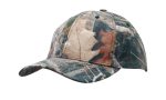 A camouflage six-panel cap featuring various earth tones, with a curved brim and branding on the side.