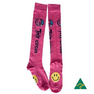 Knee high sports socks in pink featuring metallic silver stars and a logo along the side.
