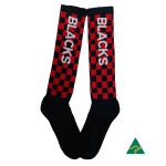 Knee high black socks with grey stripes, featuring a logo and text "Women Who Lift EST. 2020".