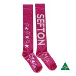A pair of pink knee-high socks featuring stars and a logo, with the word "SEFTON" displayed on the side.