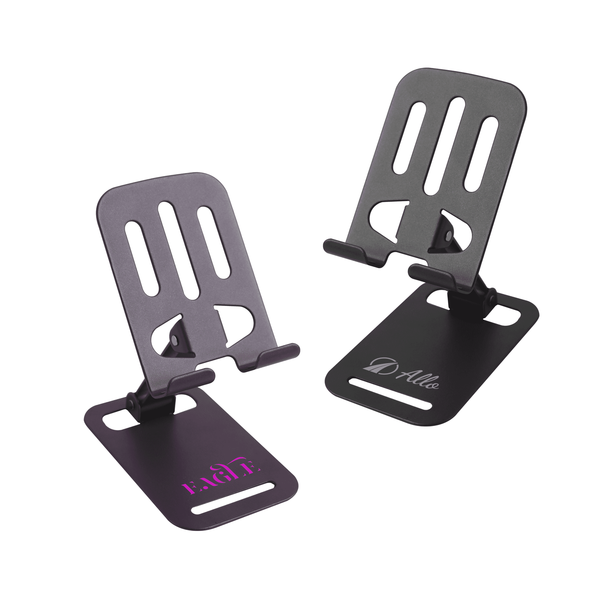 A foldable metal mobile phone stand in black, featuring a stylish design and space for branding. Foldable Metal Mobile Phone Stand - Image 1
