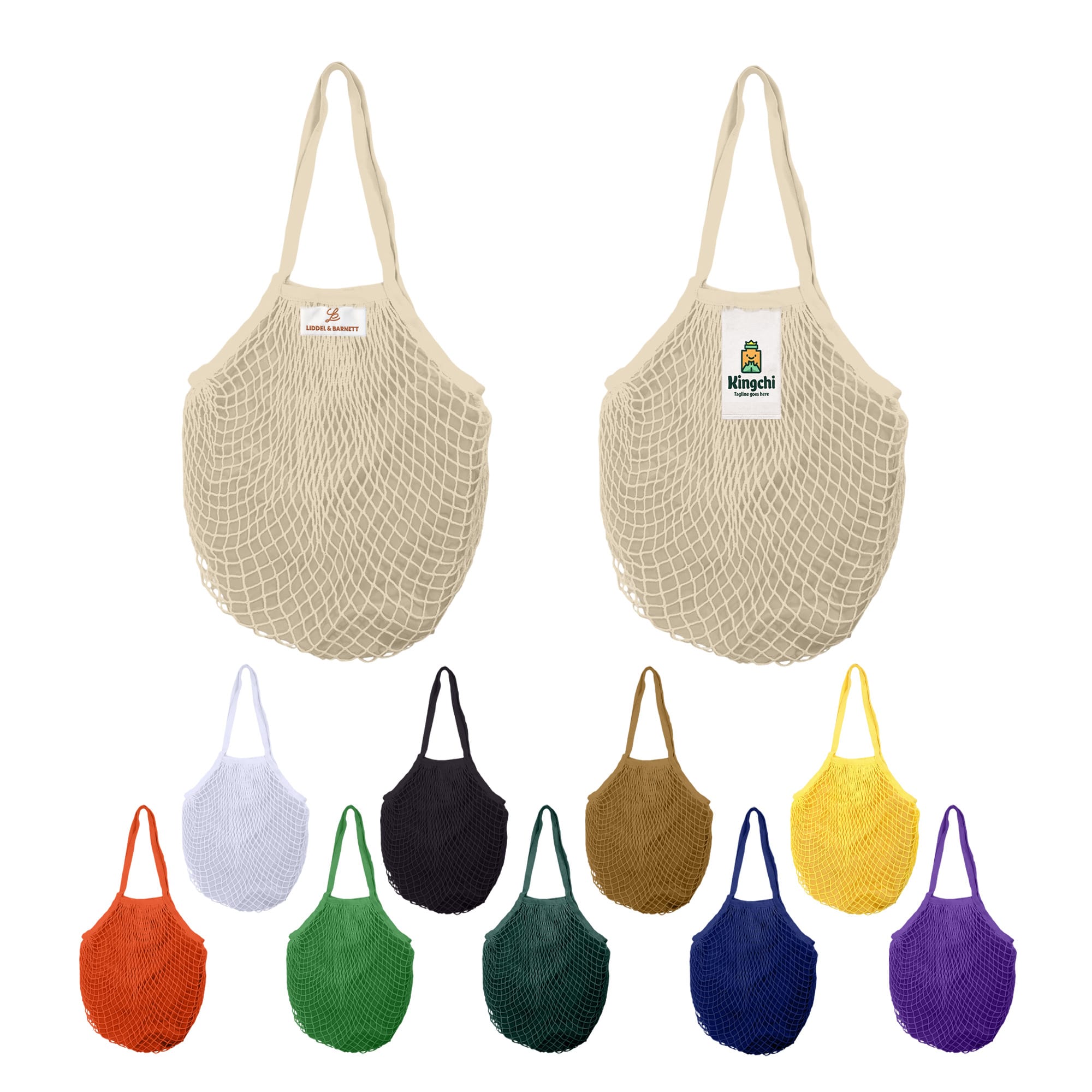 A mesh grocery bag in beige with inner lining, alongside various coloured options in green, purple, orange, black, brown, and yellow. Mesh Grocery Bag with inner - Image 1