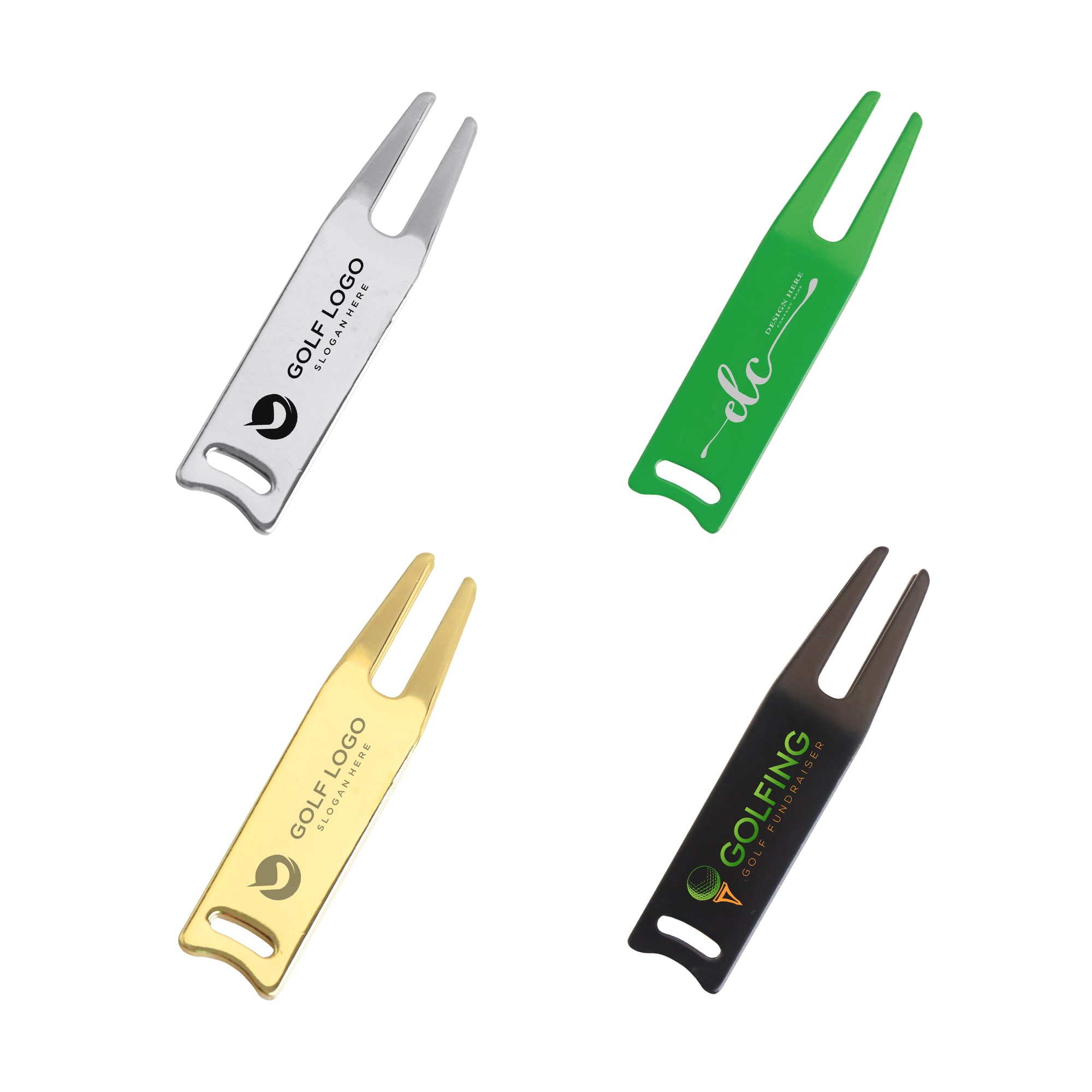 A set of four golf divot tools in silver, green, gold, and black, each featuring a logo. Golf Divot Tool - Image 1