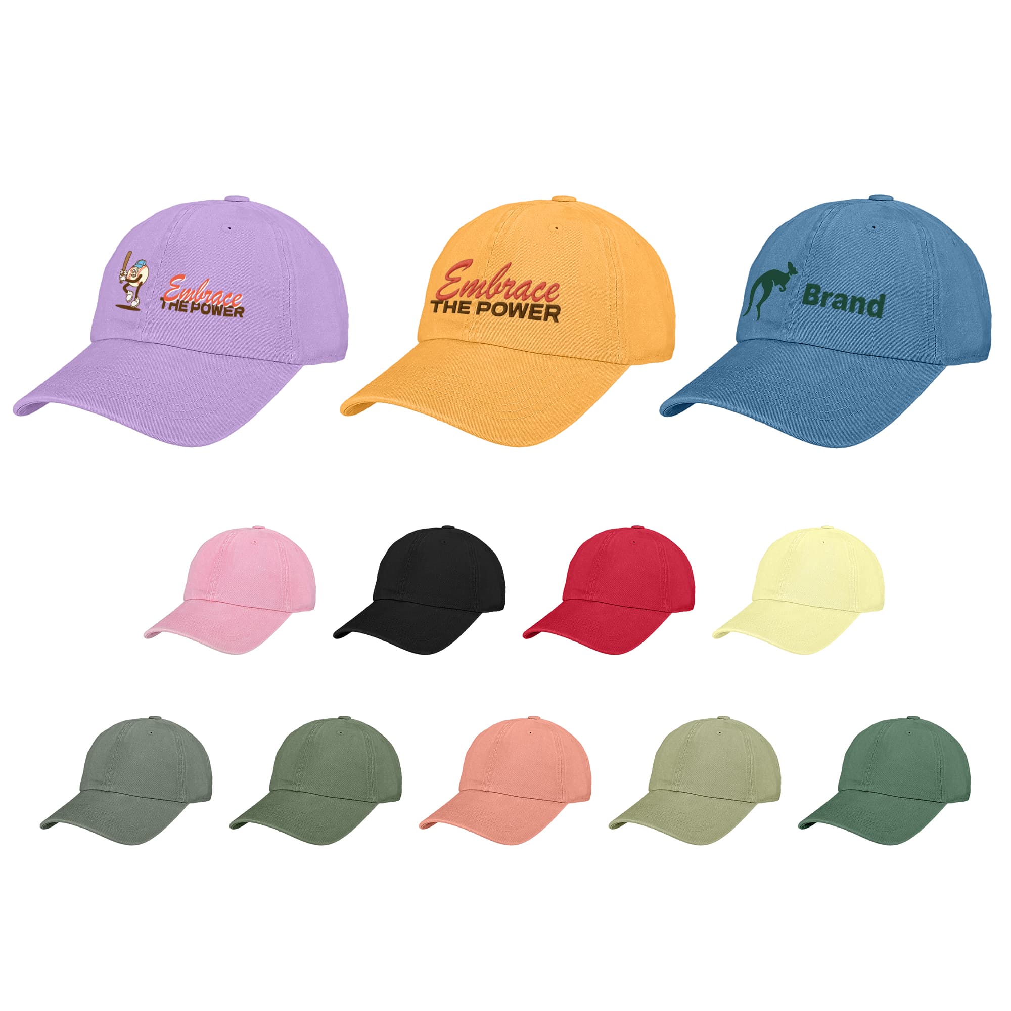 A collection of six-panel premium washed cotton baseball caps in various colours, featuring logos and text. 6 Panel Premium Washed Cotton Baseball Cap - Image 1