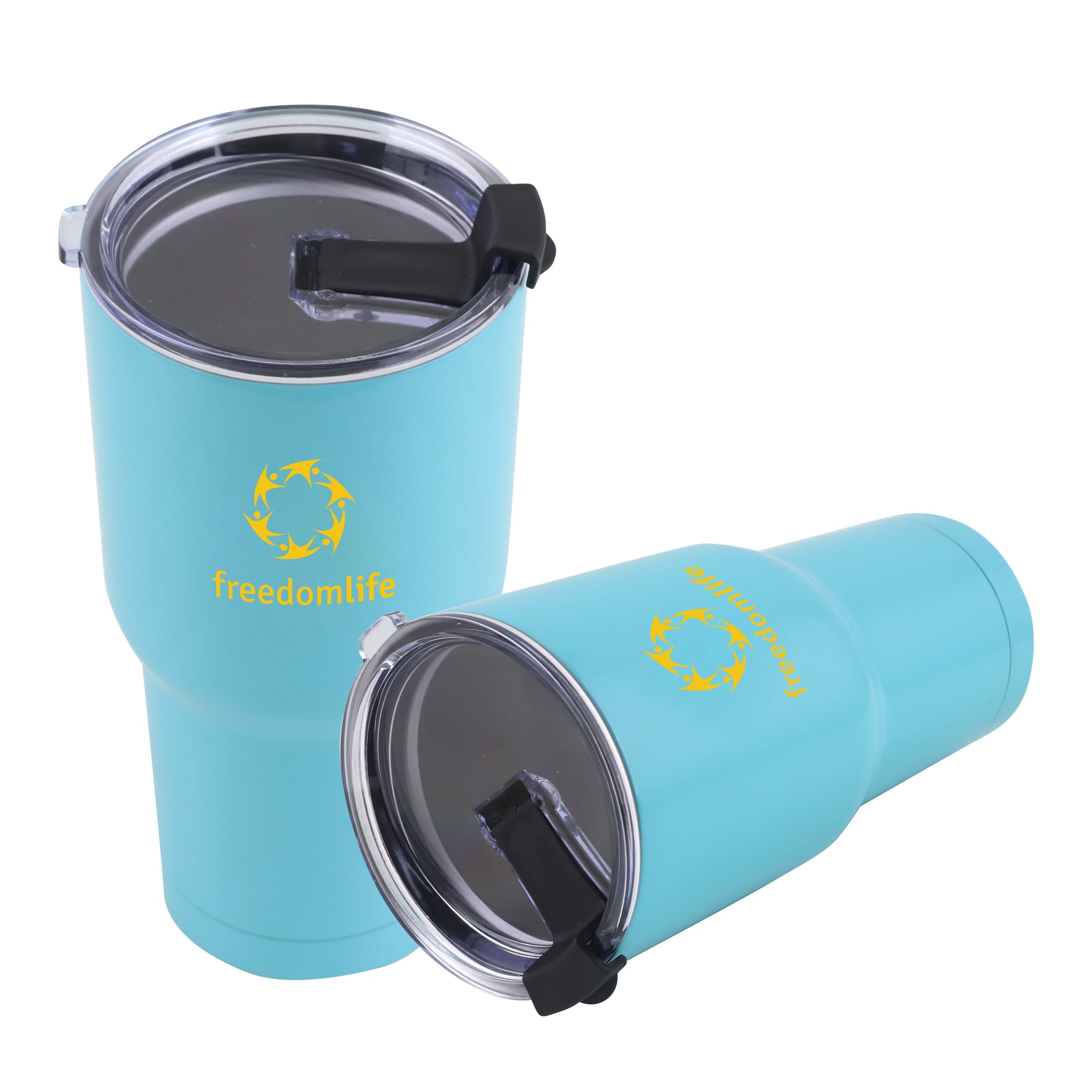 A drink bottle featuring a blue double wall stainless steel tumbler with a lid and a logo. Two tumblers are displayed. 30oz Double Wall Stainless Steel Tumbler - Image 1